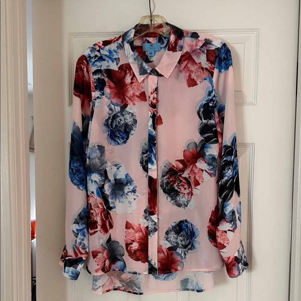 CeCe Vibrant Floral Blouse - Pink, Blue, Red